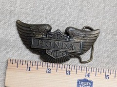 vintage 1970s belt buckle HONDA eaglewings MOTORCYCLE western BRASS patina