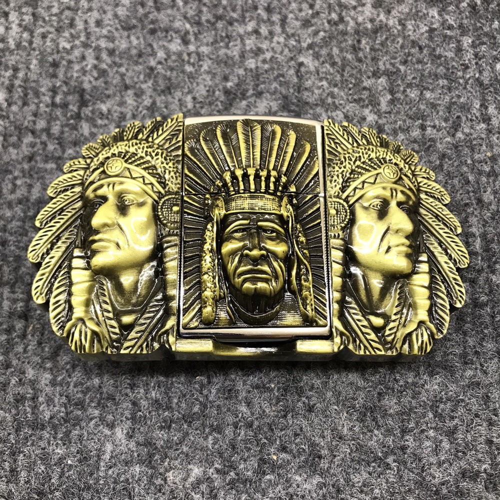 Antique Brushed Indian Chief Head Belt Buckle with Lighter, Stock in US