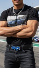 NEW Men Women Fashion Silver Metal Belt Buckle Blue Racing Luxury Car Day Wear