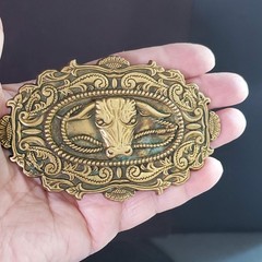 Vintage 1982 Baron Buckles Solid Brass Bull Head Belt Buckle Ornate Rancher
