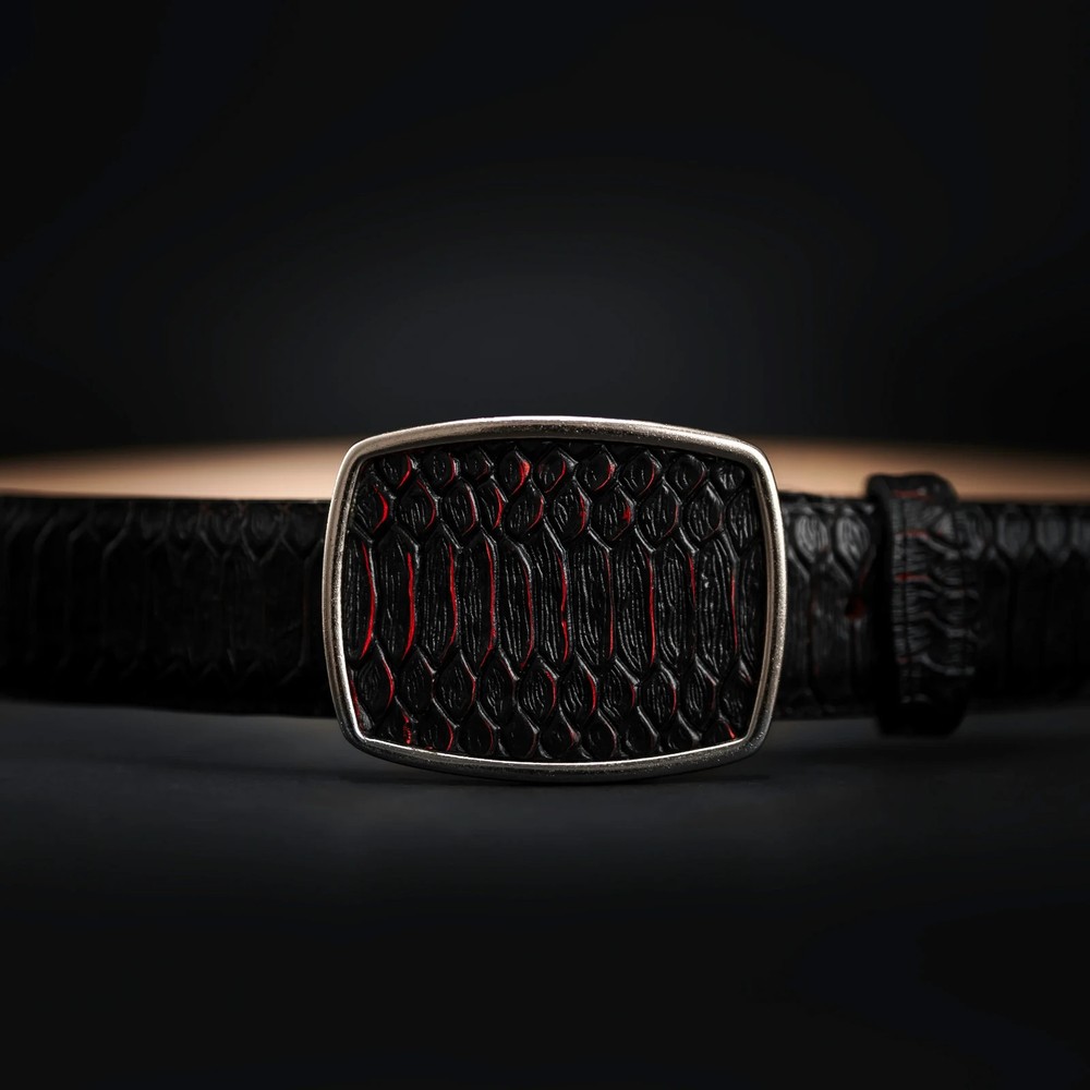 Genuine Leather Python Snakeskin Print Western Belt with Removable Buckle – Red