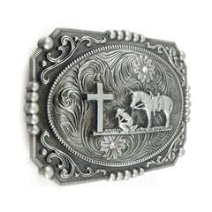 Western Floral Belt Buckle Praying Cowboy Kneeling at Cross Antique Silver Tone