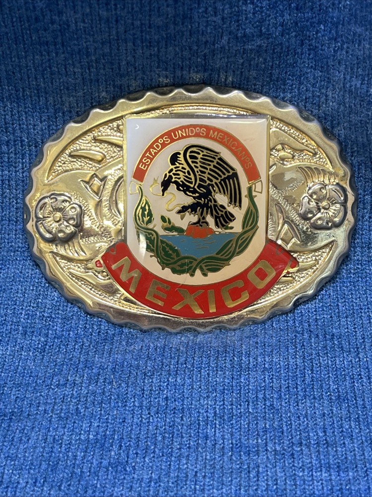 Vtg Mexico Belt Buckle Western Mexican Coat of Arms Eagle Snake Enamel Gold Tone
