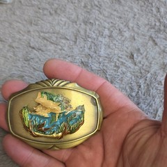Paintree Vintage 1978 Western Cowboy Oval Gold Tone Belt Buckle Blue Green