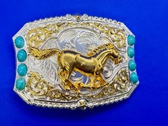 Running Galloping Mustang Stallion Horse W/ Faux Turquoise Stones Belt Buckle