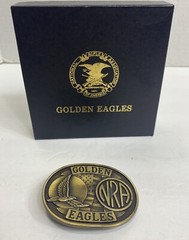 Vintage NRA GOLDEN EAGLES Belt Buckle Brass American Flag With Original Box