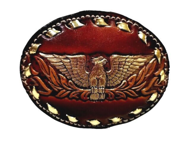 EAGLE Belt BUCKLE w/ GOLD BUCKSTITCHING Lg HANDMADE Brown LEATHER Western/Biker