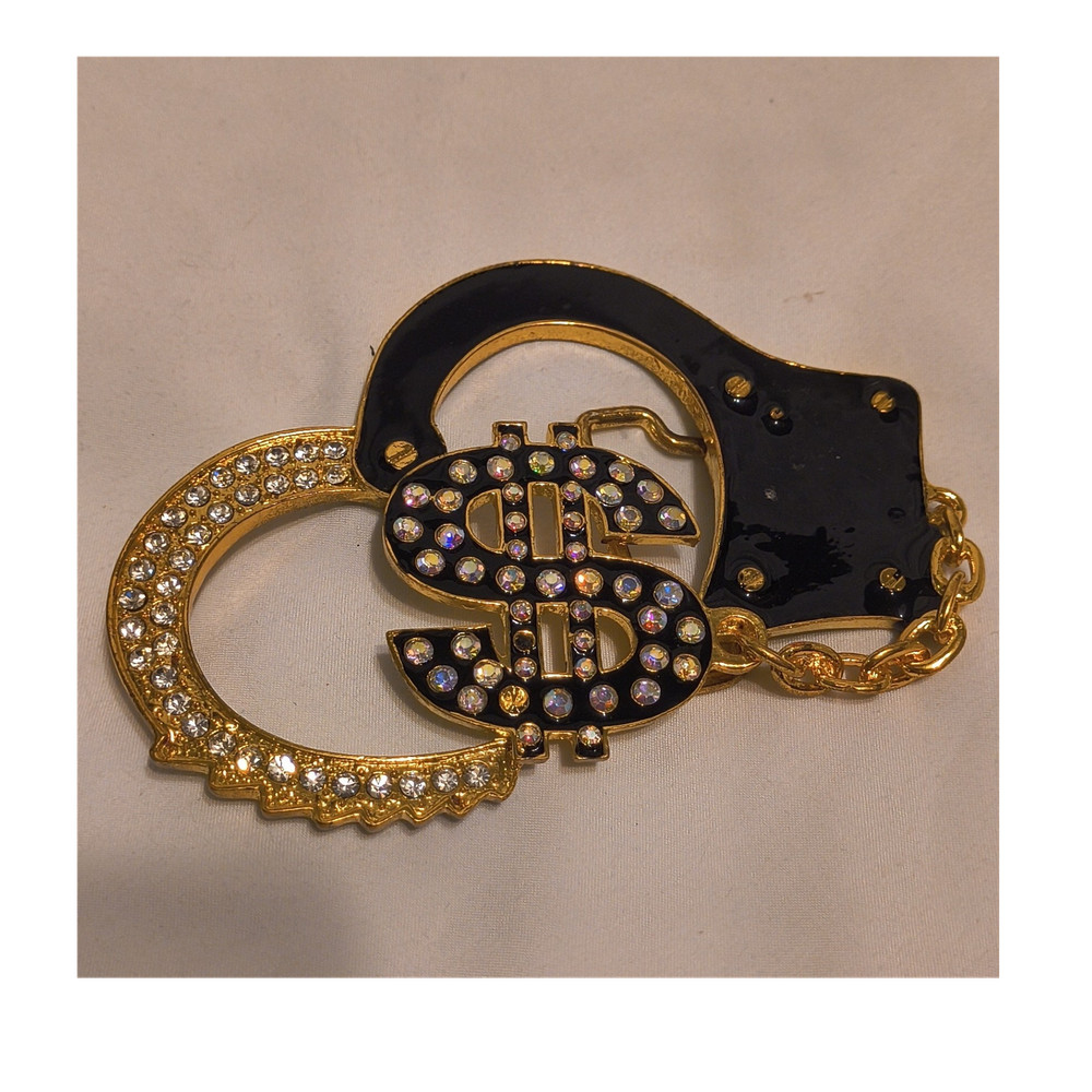 Men&rsquo;s Gold/Black Dollar Sign Rhinestone Metal Clip Belt Buckle Fits 1.5in