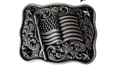 Nocona Mens Belt Buckle 3.75 x 3 in US Flag Star Western Matte Black Silver 1.5