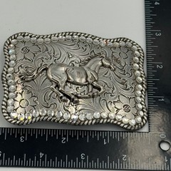 Western Horse Belt Buckle Silver Tone Floral Engraved Rhinestone Border Rodeo