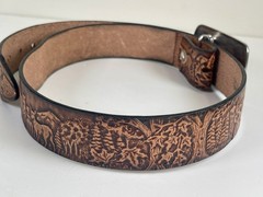 Vtg Tooled Leather Western Belt & Brown Stone BUCKLE 30/34 Small Deer Woods USA