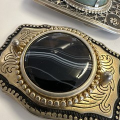 2 Vintage Gemstone Belt Buckles Polished Stone Inlay Western