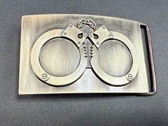Hand Cuffs Raised Handcuffs on Silver Color Rectangular Belt Buckle