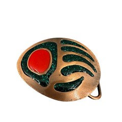 Vtg 1992 C+J Inc Bear Paw Belt Buckle Green Inlay Red Stone CJ1581 USA Bronze