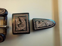 BCMEX 3pc Western Belt Buckle Set Blue Silver Engraved