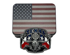 Texas Pride Belt Buckle with USA Flag Container – Western Belt Buckles for Men