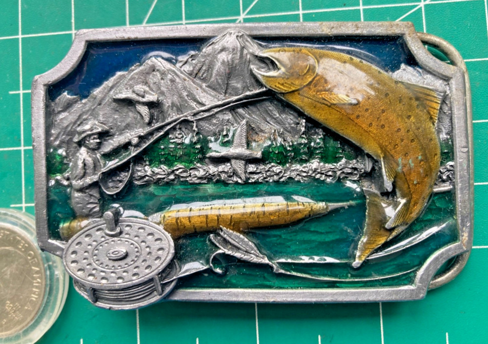Siskiyou Men&rsquo;s Silver Metal Western Fish FLY Fishing Belt Buckle Vintage 1983