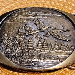 VTG 1982 Indiana Metal Craft Flying Geese Belt Buckle Brass Cowboy Nature
