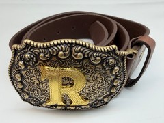 Antiqued Silver Letter Initial R Gold Classic Rectangle Flower Belt Buckle