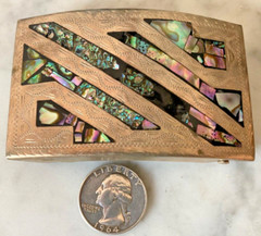 VTG ALPACA SILVER BELT BUCKLE ABALONE SHELL INSET ENGRAVED ARCHED SIGN