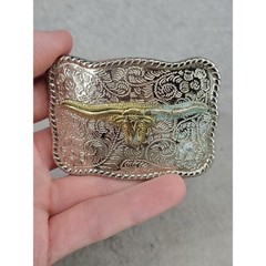 Western Longhorn Bull Belt Buckle Silver Gold Tone Floral Engraved Rope Border