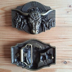 Long horns bull head rodeo western belt buckle (choice colors)