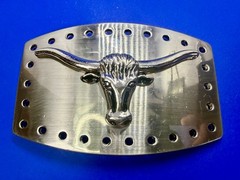Texas Longhorn Cow Bull Head Steer Hole Border Silver Color Western Belt Buckle