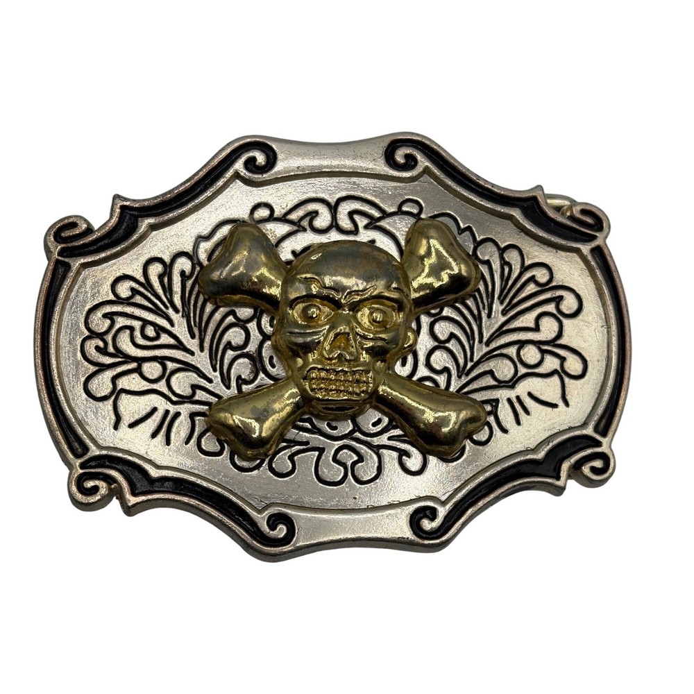 Skull and Crossbones Belt Buckle Silver Gold Tone Western Biker Gothic Pirate