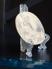 VTG Faux Bone Scrimshaw Carved Wild Goose Scenery&Display Stand/was Belt Buckle?