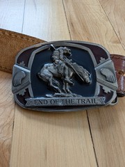 Western Belt Buckle with Horse &lsquo;End of the Trail&rsquo; leather embossed USA Belt