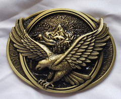 Bald Eagle Soaring 3D Image Aluminum Belt Buckle Golden Aged Bronze Color
