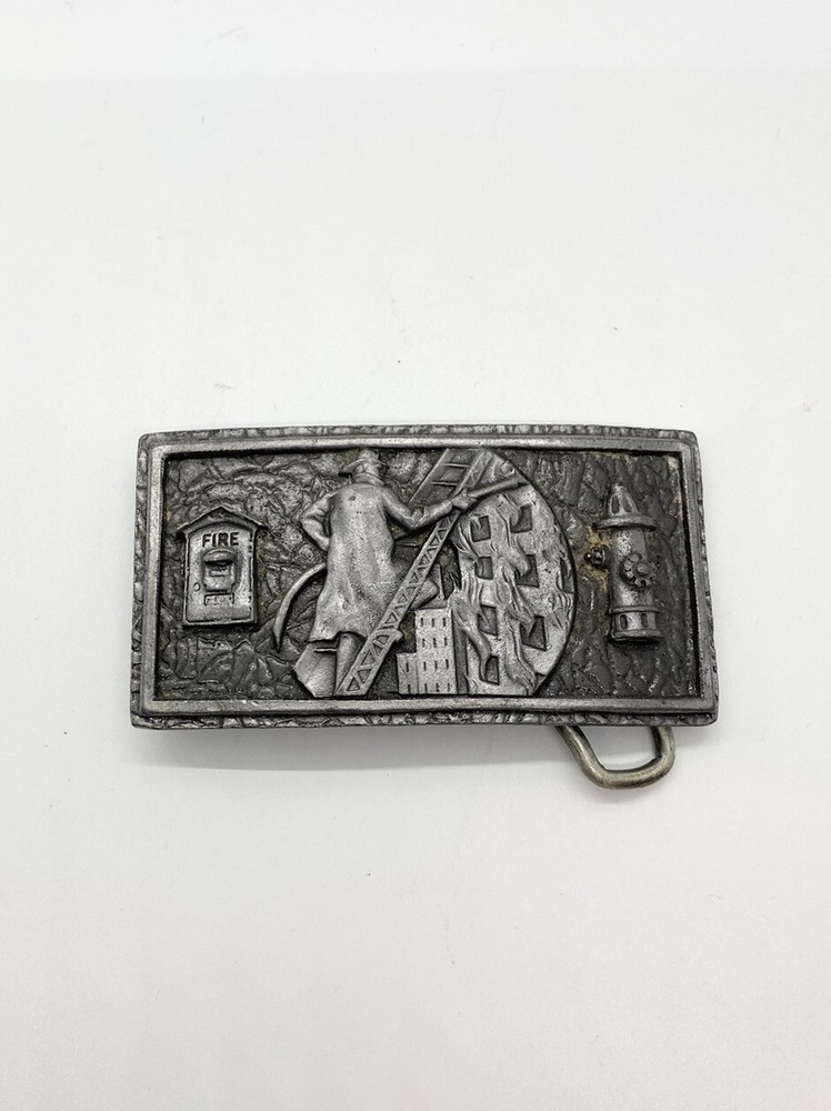 Firefighter Belt Buckle Silver Tone Fire Hydrant Ladder Unsigned Heavy E13