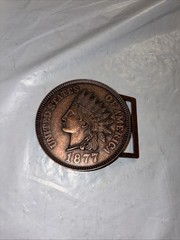 Vintage 1877 Indian Head Penny Belt Buckle Bronze Tone Round Coin Americana 3”