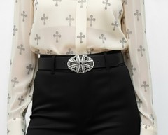 Oval Gothic Cross Belt Buckle in Antique Silver with Black Crystals