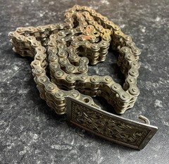 Vintage 32&Prime; Long Chrome Motorcycle Chain Belt Etched Buckle