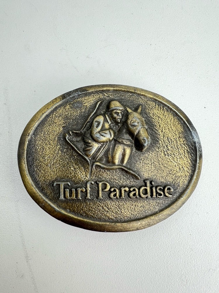 Turf Paradise Belt Buckle Horse Jockey Racing Vintage Metal Western Americana