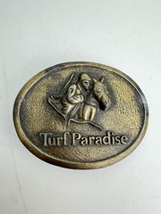 Turf Paradise Belt Buckle Horse Jockey Racing Vintage Metal Western Americana