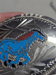 vintage USA made HANDCRAFTED belt buckle HORSE bronco TURQUOISE inlay WESTERN