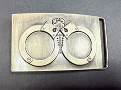 Hand Cuffs Raised Handcuffs on Silver Color Rectangular Belt Buckle