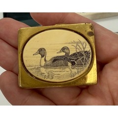 Vintage Barlow Solid Brass Belt Buckle Mallard Duck Scrimshaw Art Made in USA