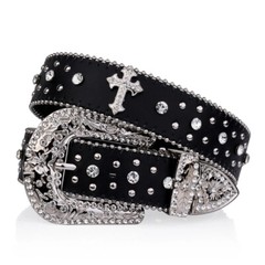 Women&rsquo;s Black Cross Rhinestone Western Bling Leather Belt