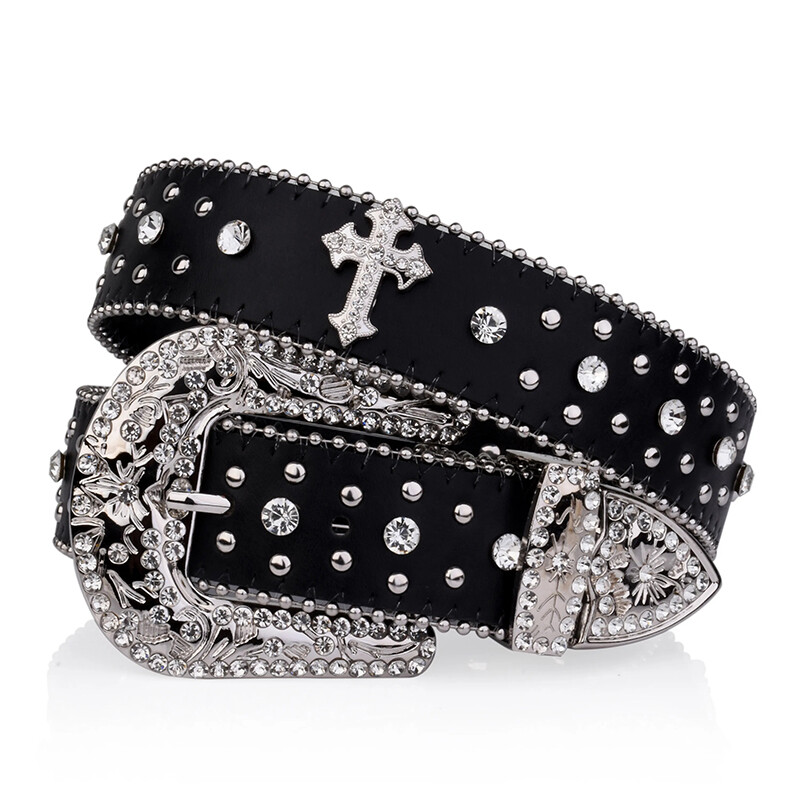 Women&rsquo;s Black Cross Rhinestone Western Motorcycle Bling Leather Belt