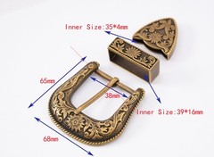 Western Belt Buckle Three Piece Set Antique Brass Floral Design Unisex 1 1/2&Prime;