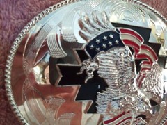NWOT LARGE SILVER MIRROR STAR RED WHITE BLUE 3D EAGLE BELT BUCKLE 1 1/2&Prime; $65