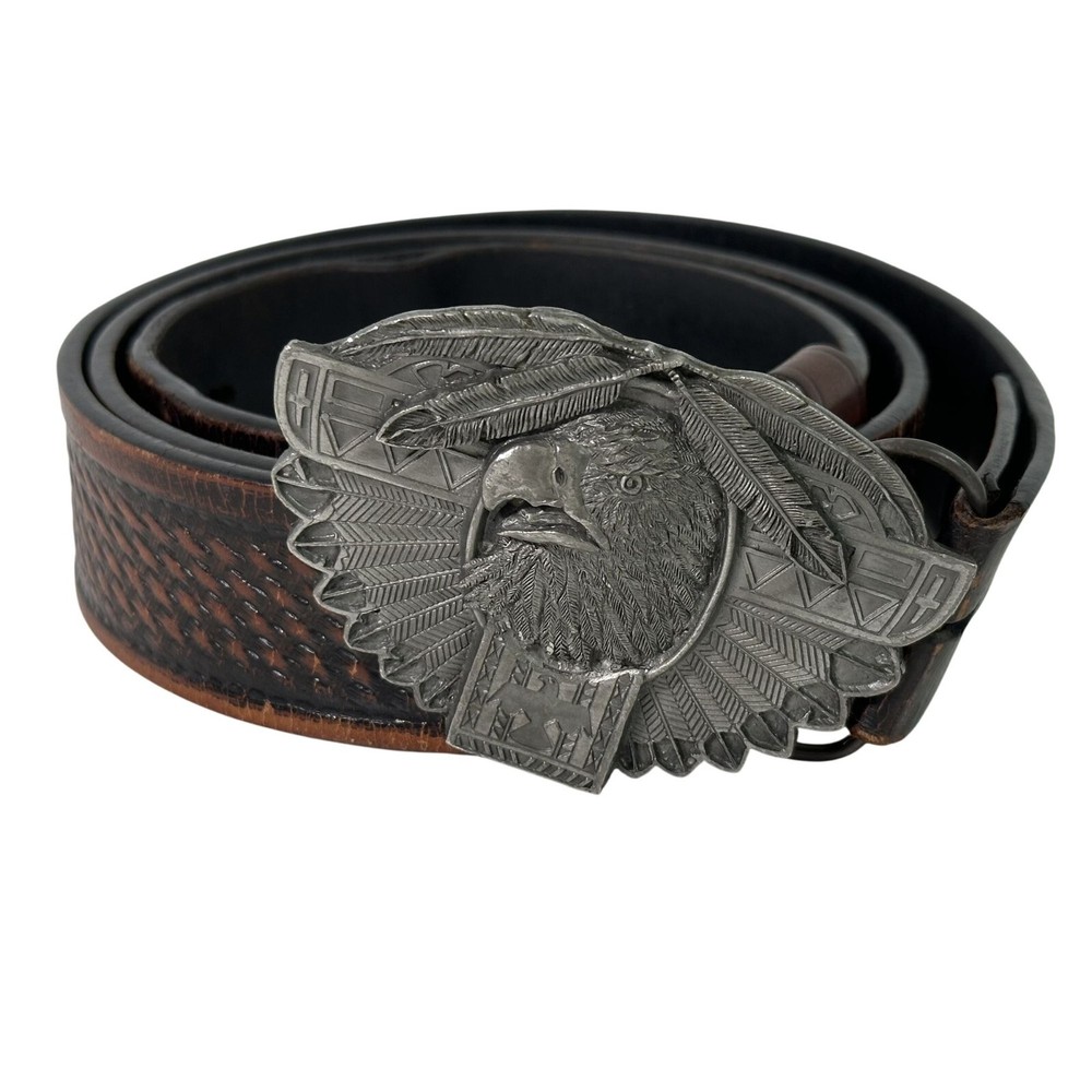 RESISTOL Leather Belt x Vintage BERGAMOT Eagle Feathers Belt Buckle 1996 Mens 38