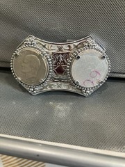 Silver Western Coin Men’s Belt Buckle, Oval Floral Pattern, Beaded Metal