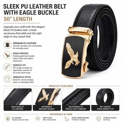 Automatic Ratchet Dress Belt Eagle Buckle Adjustable Leather Waist Belt Black