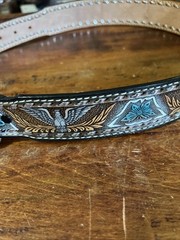 Handmade Patriotic Western Belt 30-Eagles-Brn/White-Blue-Stitches-Buckle-Leather