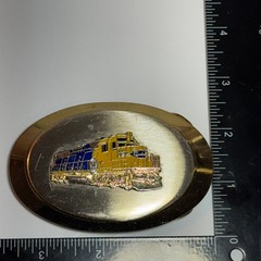 Gold Tone Oval Belt Buckle Die Cast Train Locomotive Yellow Blue