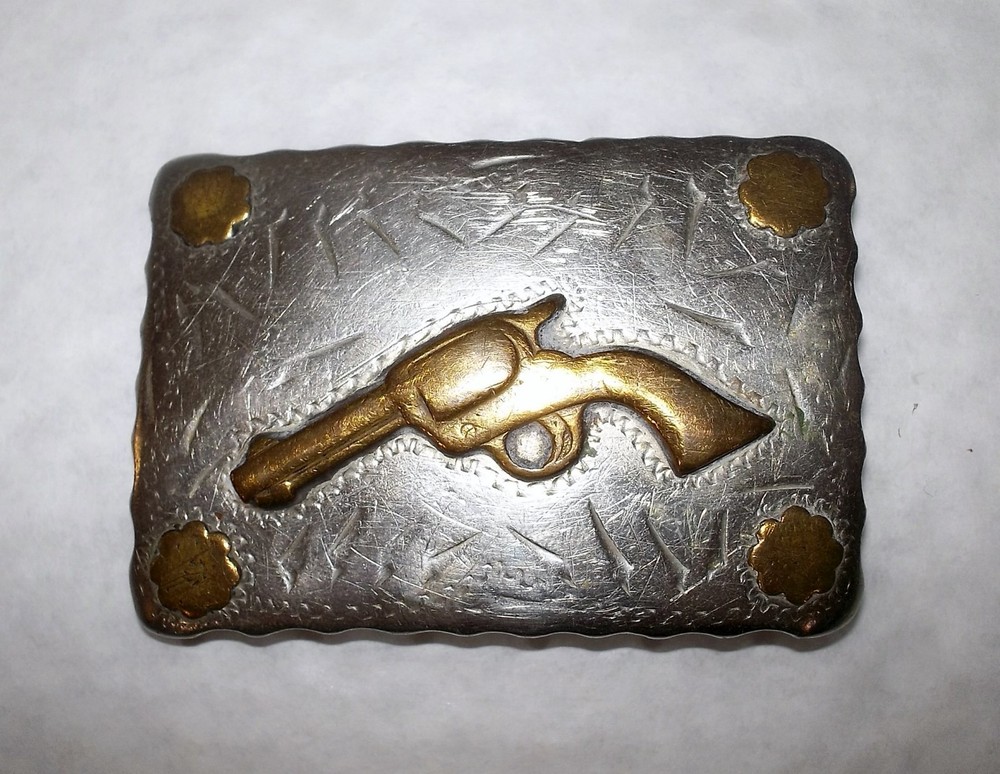 Vtg RENALDE Denver SILVER Nickel Brass WESTERN Revolver GUN & ROSES Belt BUCKLE